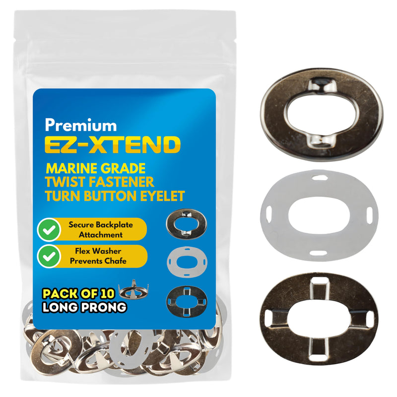 EZ-Xtend Fasteners Marine Grade, Twist Fastener Turn Button Eyelet for Canvas with Clinch Plate, Flex Washer (Long Prong - 10 PK) Long Prong - 10 PK