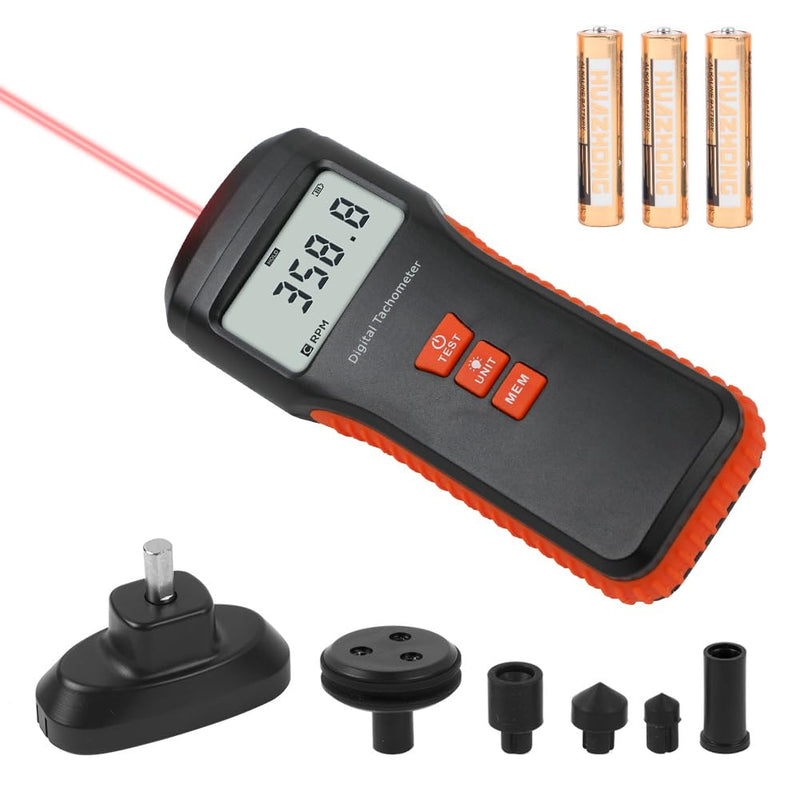 Tachometer Contact & Non-contact Digital Tachometer 4 Test Mode Laser Photo Tachometer 1.0～99999RPM High Accuracy RPM Tachometer with 4 Contact Probes, Backlit Display, Data Memory/Hold,Auto Power Off