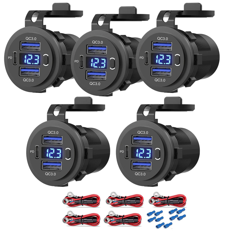 5 Pack 12V USB Outlet, QC3.0 & PD Dual Car Charger with Voltmeter & Switch | Fast charge 3 devices with QC3.0 & PD, plus built-in voltmeter & on/off switch. Ideal for cars, boats, marine, trucks, & RVs. 2QC+1PD