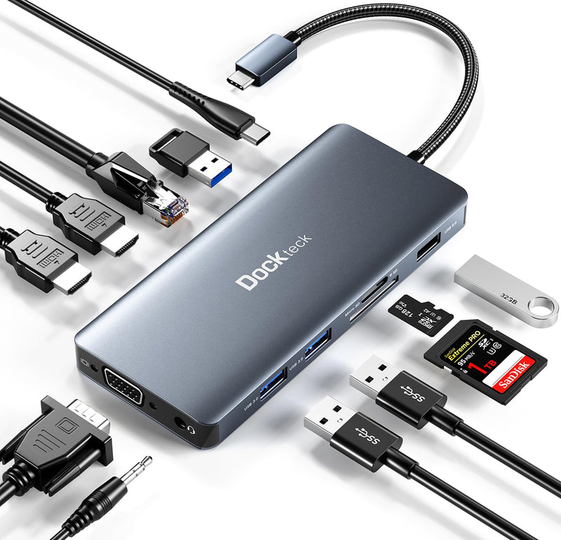 USB C Docking Station, dockteck 12 in 1 USB C Hub Adapter with 2 HDMI 4K, VGA, Ethernet, 4 USB-A Ports, Audio, 100W PD, SD/TF Card Reader for MacBook Pro Air, XPS, Surface 12 IN 1 Space Grey