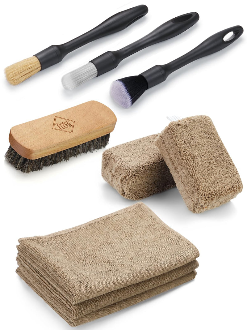 Fantasticlean 9PCS Car Interior Detailing Set, Microfiber Cloth & Applicator, Single-Head Detailing Brushes, Natural Bristles, Scratch-Free & Ultra-Soft for Seats Leather Care or Cleaning brown