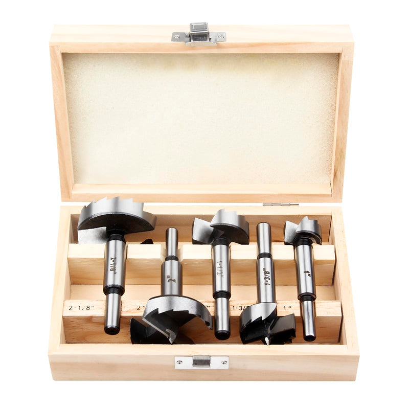 HPHOPE Forstner Bit Set 5Pcs - Forstner Bits for Wood, Wood Drilling with Round Shank, Drill Accessories, Size 1", 1-3/8", 1-1/2", 2", 2-1/8" with Storage Case 5 Pcs Set
