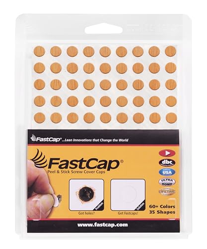 FastCap 3/8" (9mm) Screw Hole Covers. Made from Prefinished Real Wood with Ultra-Bond PSA Super Thin Adhesive. Made in USA. Anigre Color. (90 Round Stickers on Each Sheet - Retail Pack of 5 Sheet)