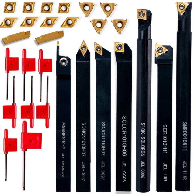 Carbide Lathe Tools - Lath Threading Bit Set 21pcs - 7pcs 3/8" Turning Holder Boring Bars & 14pcs Indexable Cutting Inserts Golden CCMT060204 DCMT070204 11IR A60 MGMN200G