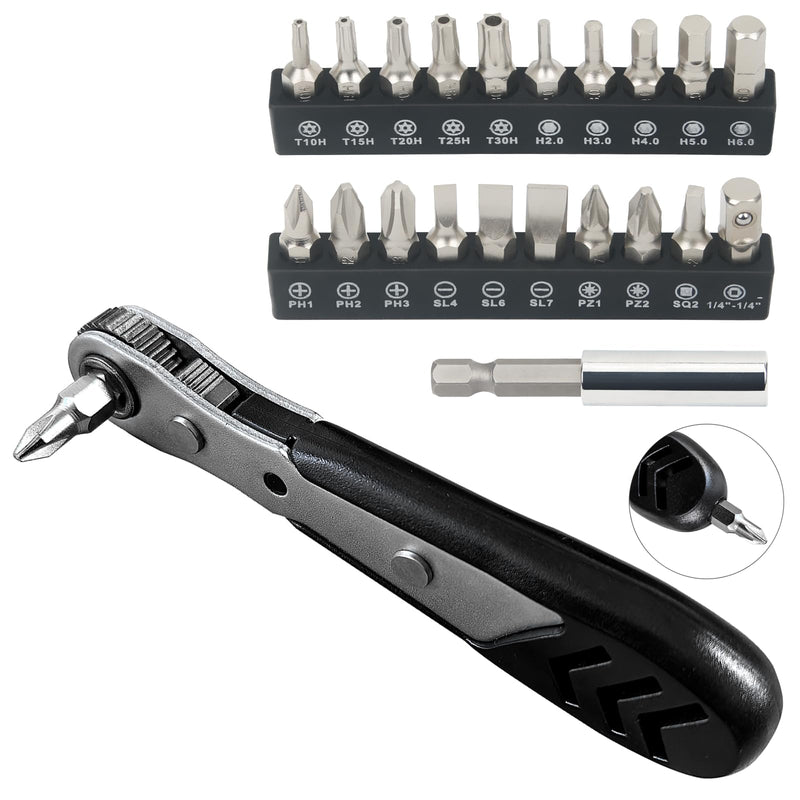 STREBITO Mini Ratchet Set, 22-Piece 1/4 Ratchet Right Angle Screwdriver, 36-Tooth Small Ratcheting Wrench Bit Ratchet For Tight Spaces, with Phillips, Slotted, Torx, Hex, Square and Adapter for Socket 22 in 1