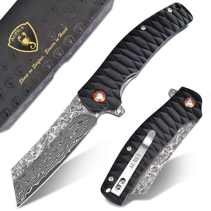 AUBEY Damascus Pocket Knife, 3.34" Damascus Steel Hollow Grind Blade, Folding Knife with Ball Bearing, Aluminum Handle, EDC Knife for Outdoor Camping Hunting A-Black Aluminum Handle