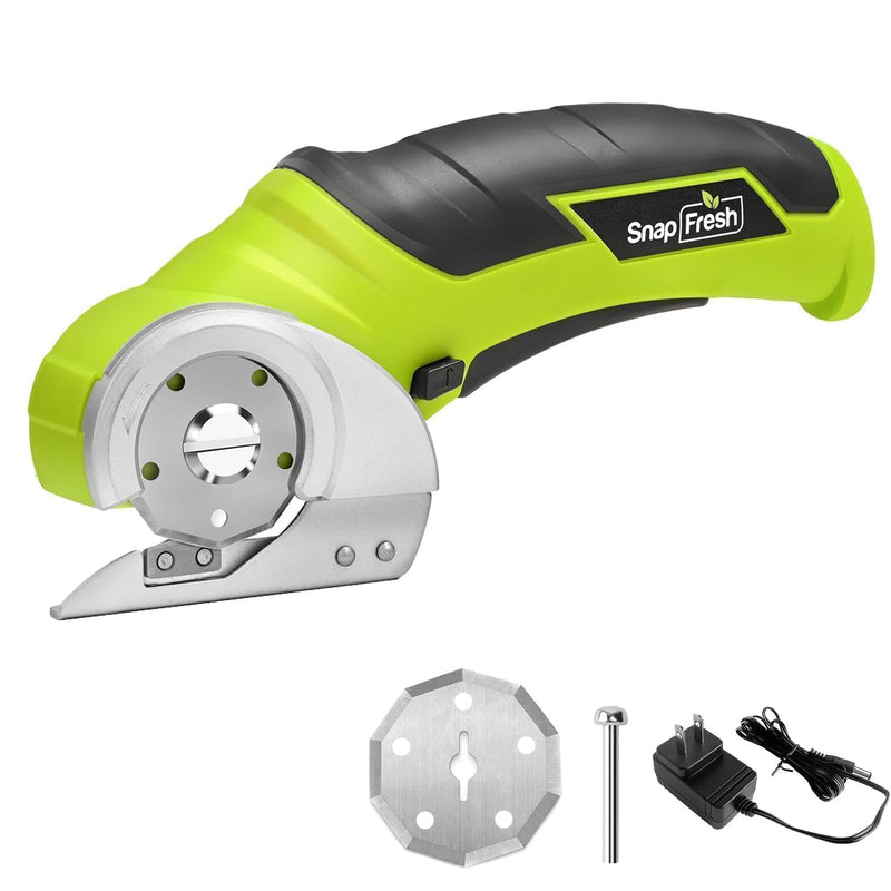 SnapFresh Cordless Electric Scissors, 4V Electric Mini Box Cutter, Carpet & Cardboard Cutter Tool with a Replacement Blade/Charger, Rotary Cutter for Cardboard Packages Leather Plastic （Green） Green