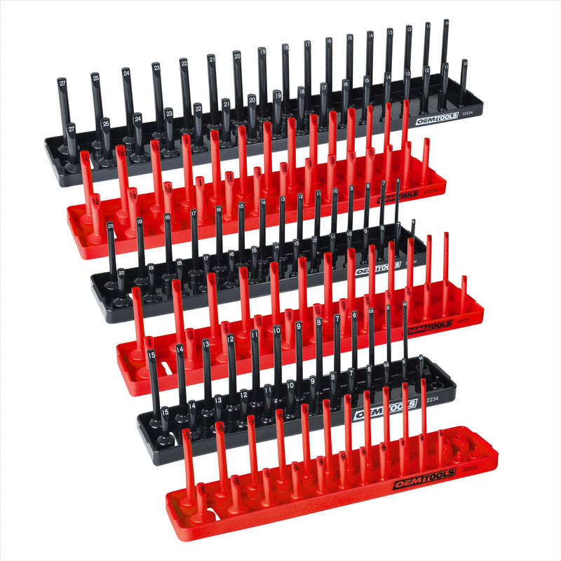 OEMTOOLS 6-Piece Magnetic Socket Organizer Set, Metric & SAE Socket Trays Red and Black