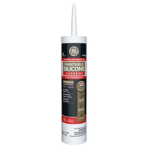 GE Supreme Paintable Silicone Caulk for Kitchen & Bathroom, White, 9.5 fl oz Cartridge, 1 Pack - 100% Waterproof Silicone Sealant, 7X Stronger Adhesion, Shrink & Crack Proof Pack of 1