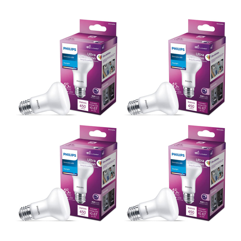 PHILIPS LED 45W R20 4-Pack Ultra Definition Daylight (5000k) 450 Lumen (5.5W = 45W) Dimmable Frosted Flicker-Free Light Bulbs Daylight (5000k)