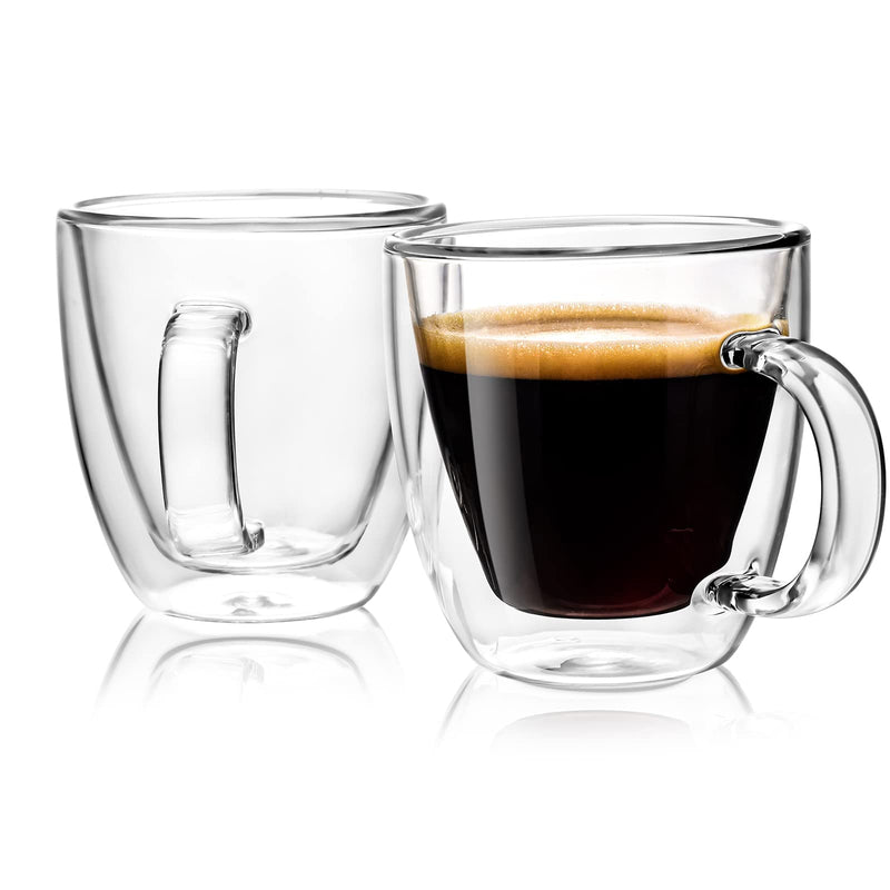Double Wall Glass Coffee Mugs 5oz / 150ml, Set of 2 Insulated Mugs with Handles, Stylish Tazas de Cafe Con Estilo