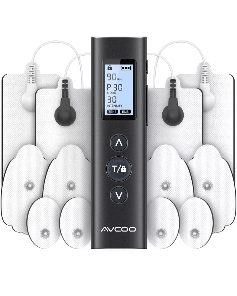 AVCOO 30 Modes TENS EMS Unit Compact Muscle Stimulator for Pain Relief of Back, Shoulder, Neck, Rechargeable & Portable Dual Channel EMS Muscle Stimulator with 30 Intensity Levels, 12 Electrode Pads Black