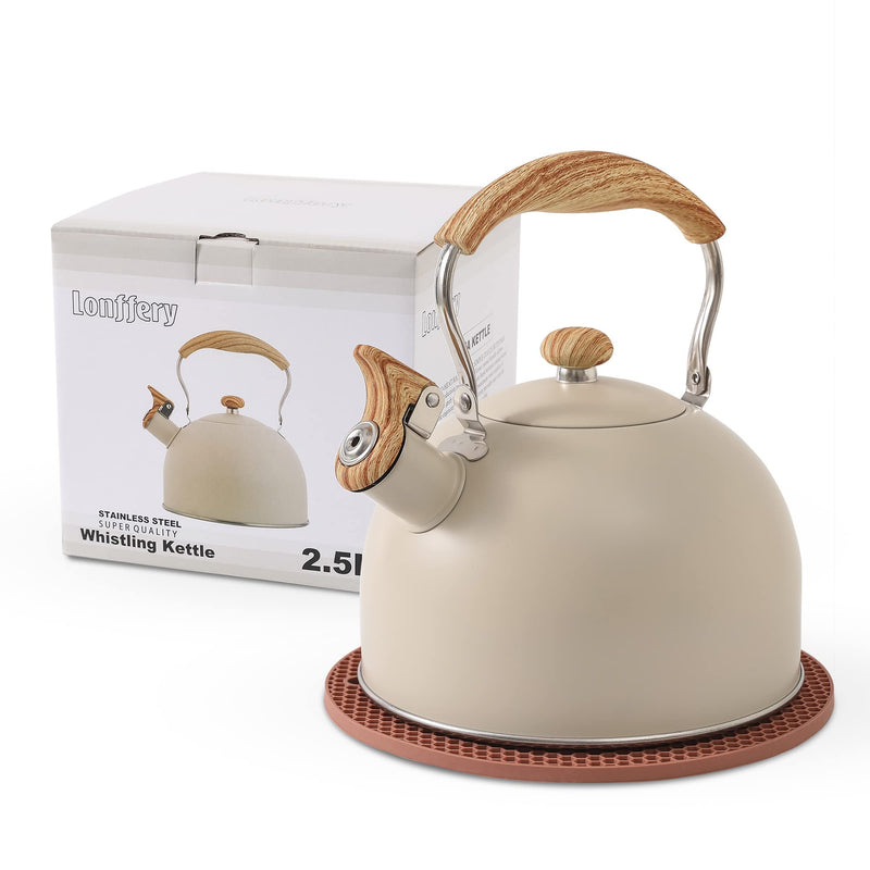 LONFFERY Tea Kettle for Stove Top, 2.5 Quart Whistling Tea Kettle, with Food Grade Stainless Steel and Wood Pattern Folding Handle, Creamy White Creamy White - 2.5 QT
