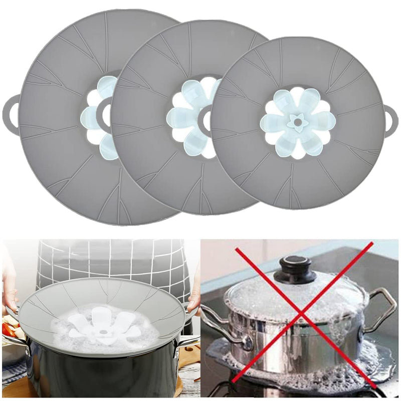 3pcs Silicone Lid Set, Microwave Splatter Cover, Reusable Heat Resistant Lids, Boil Safeguard, Spill Stopper, Multi-Function Kitchen Covers, Fridge Dishwasher Safe 3 PCS Grey