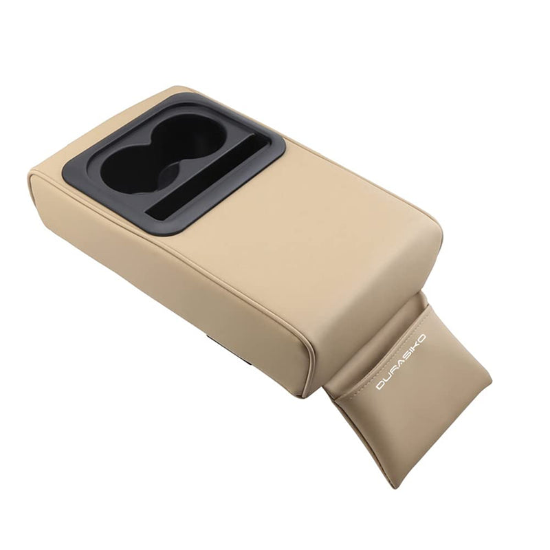 Car Center Console Pad with Front Storage Pocket for Phone,PU Leather Armrest Cushion with Cup Holder,Elbow Rest Pillow,Universal Car Armrest Seat Box Cover Protector for Most Vehicles Beige