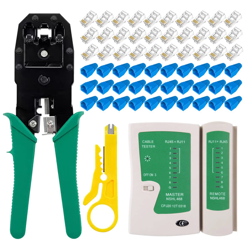 Professional RJ45 Crimp Tool Kit Complete Cat5 Cat5e Cat6 Ethernet Crimper Set with Cable Tester, 30 Connectors & Covers Non-Passthrough