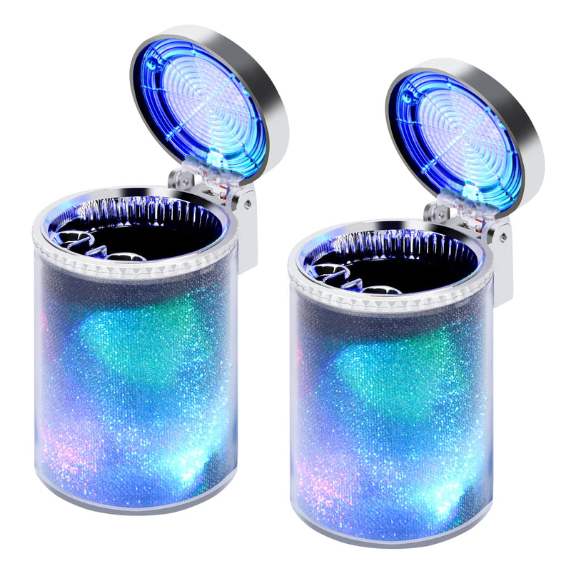 Car Ashtray (2-Pack), Auto Ashtray With LED Light, Mini Car Trash Can, Portable Lid, for Car cup holder, Home , Office and Travel(Silver)