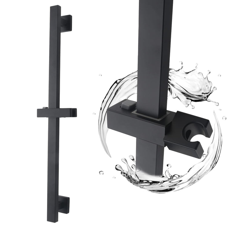 Bathroom Shower Slide Bar, Adjustable Handheld Shower Holder Wall Mount Shower Bar Stainless Steel, Matte Black Square Slide Bar