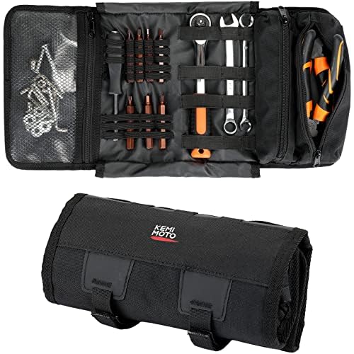 KEMIMOTO Motorcycle Tool Bag - Handlebar Kit Roll Up Organizer With Elastic Loops Pockets - Sturdy Pouch for Softail Dyna Sportster - Tools Not Included Nylon