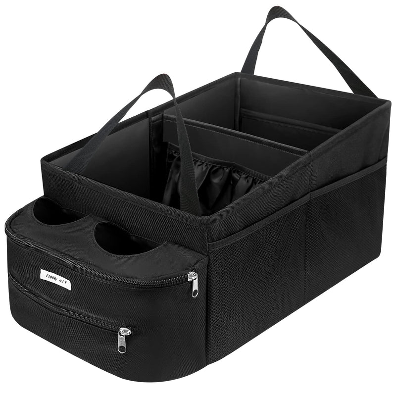 FUNNy elf Passenger Seat Organizer, Collapsible Car Storage with Partitions & 4 Cup Holders for Front or Back Seat Black
