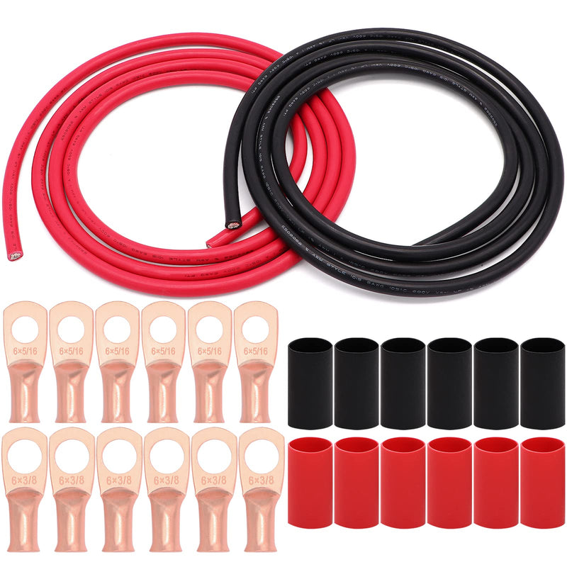 6 AWG Gauge Wire UL1015 Battery Power Tinned Oxygen Free Copper OFC Welding Cable Boat Inverter Red Black Total 13.1FT and Lugs Terminal Connectors with Heat Shrink Tube AWG 6 Red&Black + 3/8" 5/16" lugs