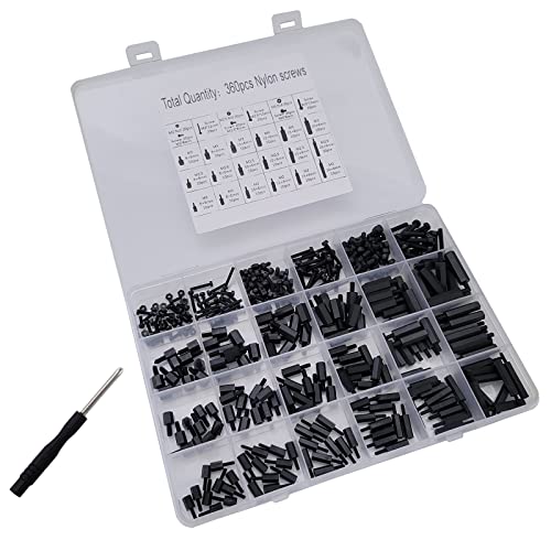 Full Case 360Pcs M2 M2.5 M3 Nylon Hex Spacer Screw Black Assortment Set for Computer Replace Screw Fastener