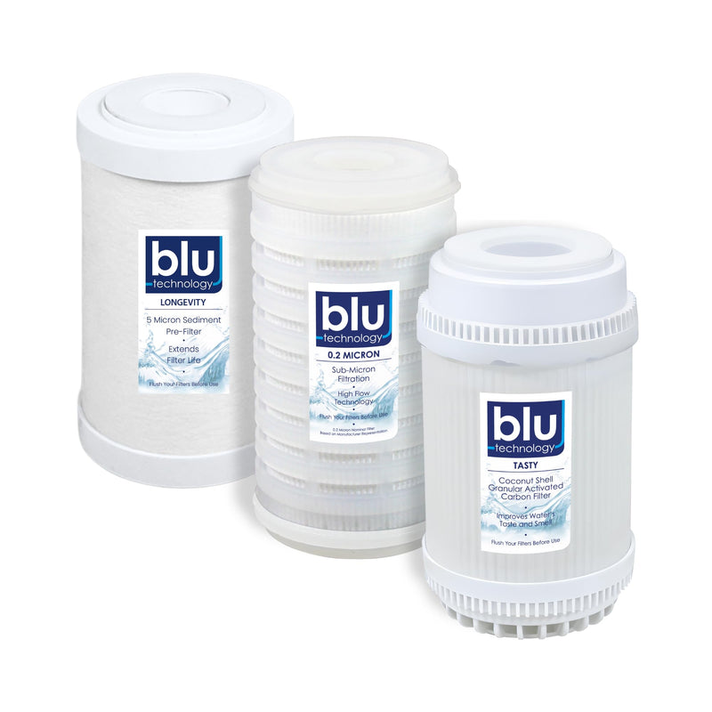 GoBluTech Trio RV Water Filter Recharge Pack for R3 & AR3-2.5” x 5” for RV Water Filter System, 0.2 Micron High Flow, Granular Activated Carbon “Tasty”, and Sediment “Longevity” - US Veteran Owned R3 and TRIO Water Filter Pack