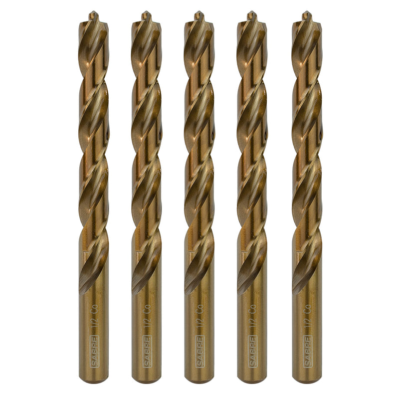 1/2 Inch Cobalt Drill Bits 5pcs Heavy-Duty Drill Bits for Steel, Hard Metal, Cast Iron (1/2" x 6") 1/2 in (5-Piece Set)