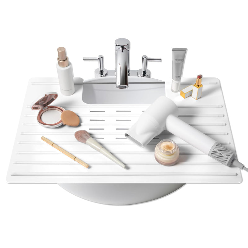 Maplefield Bathroom Sink Cover & Silicone Makeup Mat - White, 22" x 15" x 2" Inches - Heat Resistant to 400°F - Foldable Roll-Up Design with Raised Ridges - Space-Saving Countertop Mat Large