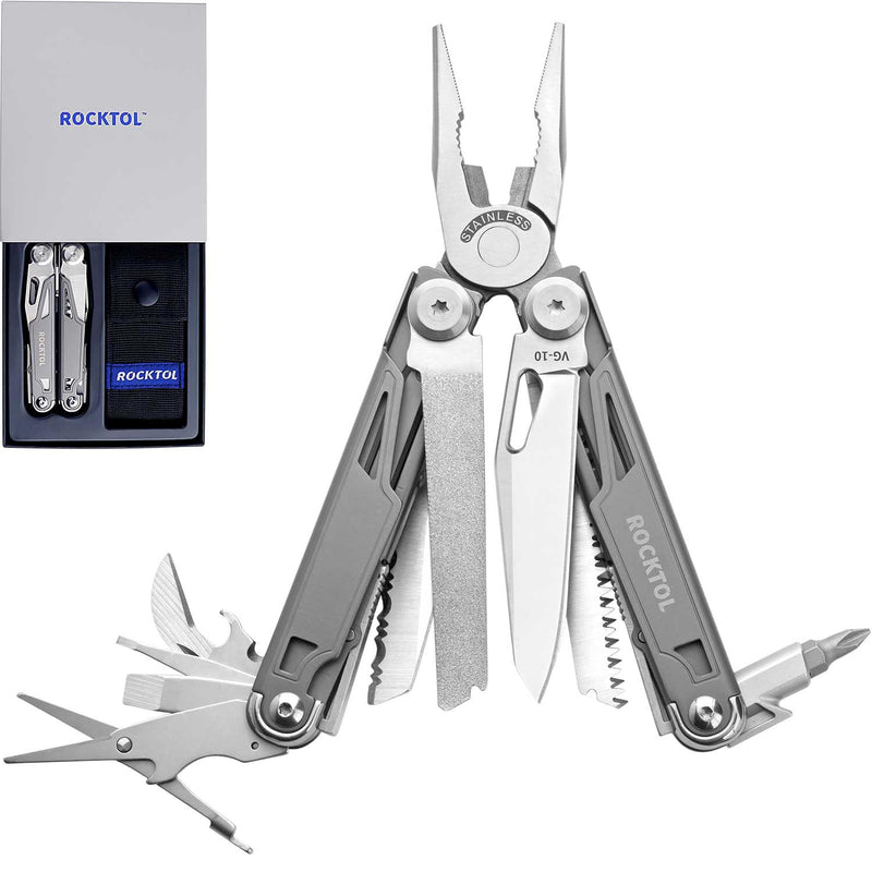 ROCKTOL Multitool SK02, VG-10 Knife,19-in-1 Multi-tool Pliers with Titanium-plated Handle,Compact & Lightweight EDC Multi Tool with Nylon Sheath for Men,Outdoor Survival,Hiking,Camping VG-10 Knife Blade