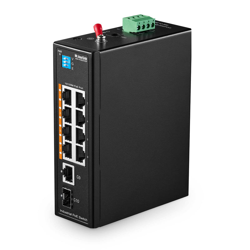 MokerLink 10 Port PoE Industrial Din Rail Switch, 8 Ports PoE+ 100Mbps IEEE802.3af/at, 1 Gigabit Ethernet and 1 SFP Uplink, Vlan & Extend Mode, DIN-Rail & Wall Mount 8POE + 2GE + 1SFP