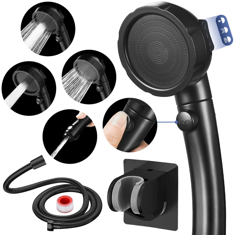 HANLIAN High Pressure Shower Head with Pause Button, 3 Spray Modes Shower Head for RV Camper, Water Saving On Off Shower, Handheld Shower Head with Hose and Adjustable Self-adhesive Holder (Black) Black