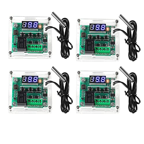 4PCS W1209 12V DC Digital Temperature Controller Board with Case LED Display -50~110°C Electronic Temperature Control Module Switch Micro Thermostat with Waterproof NTC Probe 4PCS x Blue