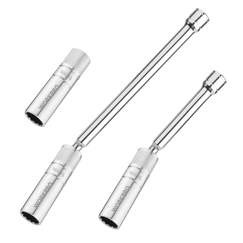 WORKPRO 3PC Magnetic Swivel Spark Plug Socket Set-Includes 14 mm Thin Wall Socket with 6- and 10-inch Extensions, 3/8-inch Drive with 12-Point, Magnetic Core