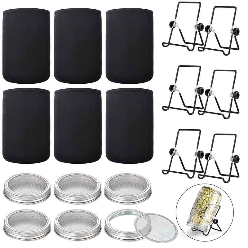 6 Pack Sprouting Lids with Stainless Steel Jar Stands, Blackout Sleeves, Kit for Wide Mouth Mason Jars, Organic Sprouts