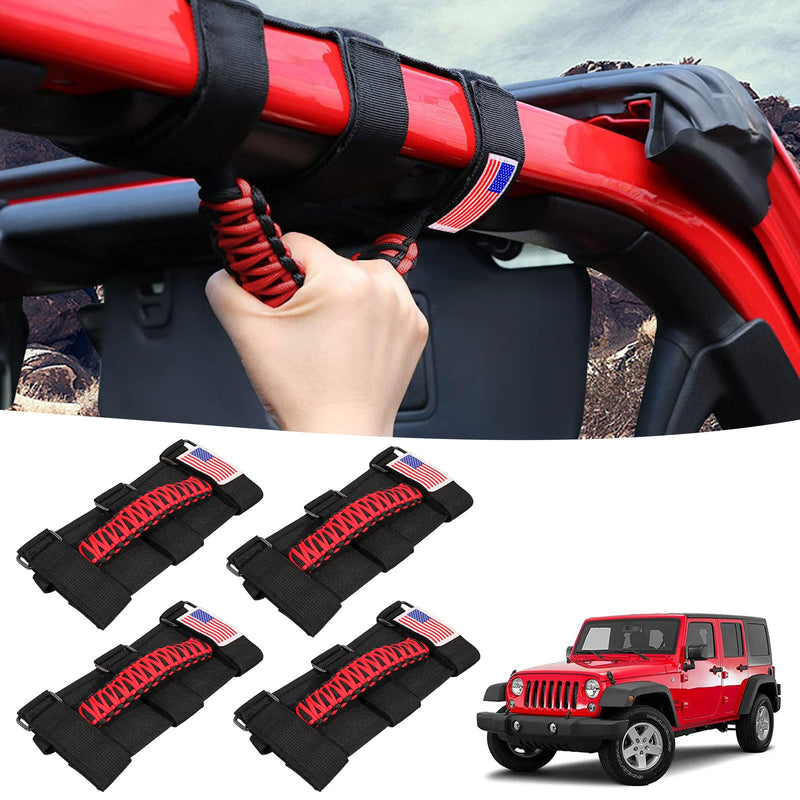 GAIZON 4 Pack Grab Handles Paracord Roll Bar for Jeep Wrangler Accessories CJ YJ TJ JL JK LJ JLU JKU Sahara Freedom Rubicon,Gladiator JT 1955-2023 Interior Accessories with America Flag(Red) Red