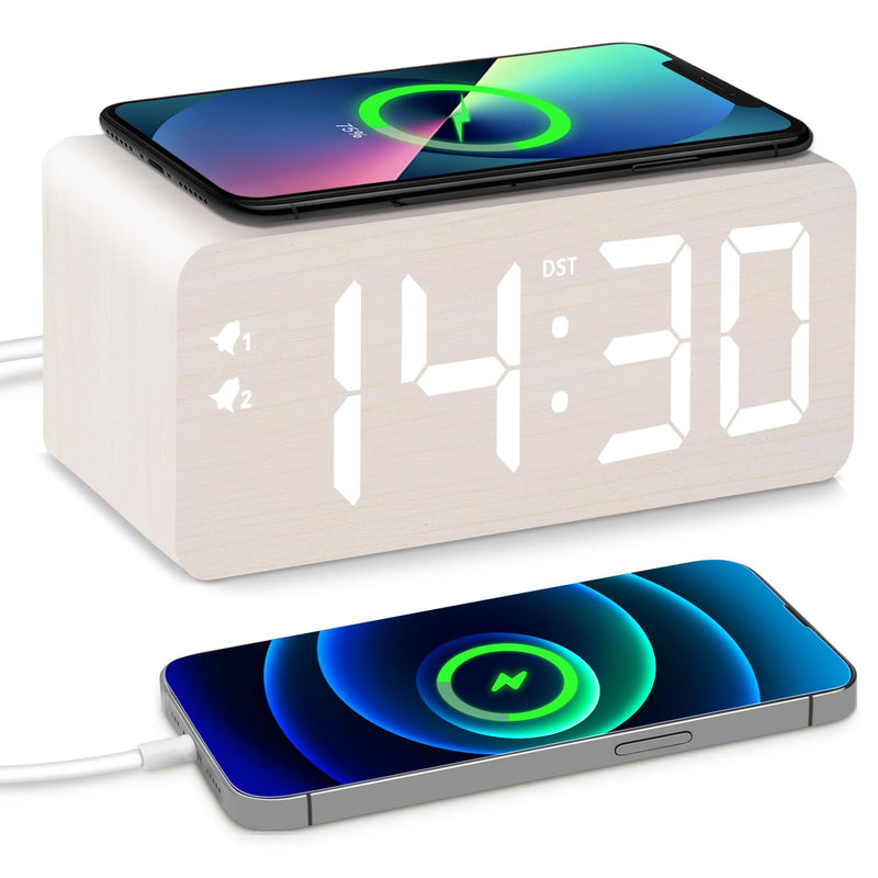 Wooden Digital Alarm Clock, 10W Fast Wireless Charger Station & 2 USB Charging Ports, with 0~99% Dimmer, Dual Alarm, Weekday/Weekend Mode, Wood LED Clock for Bedroom, Desk, Office White