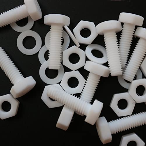10x Natural PTFE Hex Head Plastic Screws & Bolts M6 x 20mm, Nuts & Washers