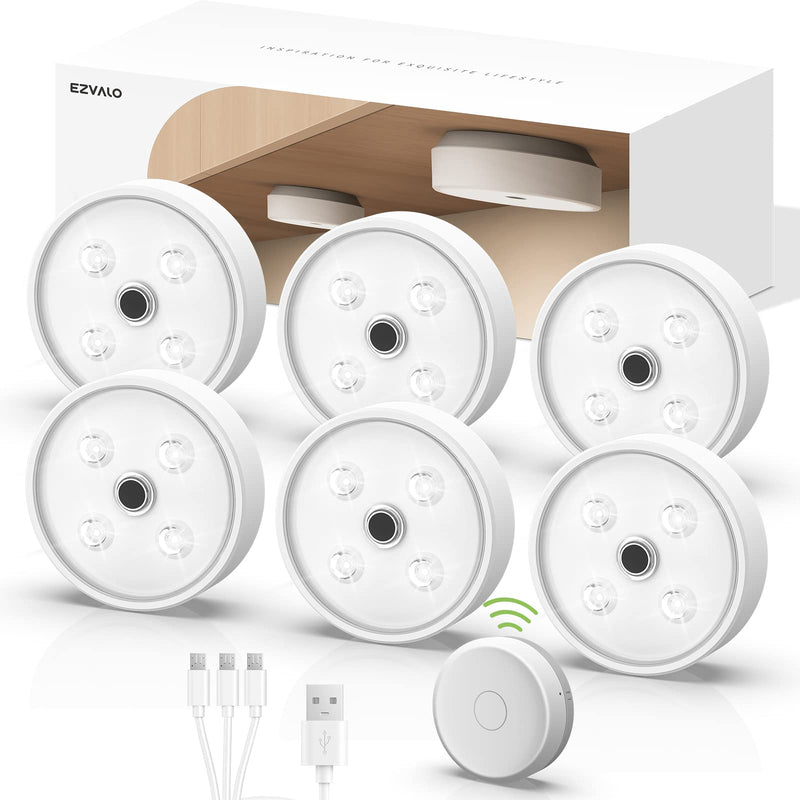 EZVALO Puck Lights with Remote Control, Rechargeable LED Battery Operated, Wireless, Group Control, Dimmable Under Cabinet/ Counter Lighting Closet Light (6 Pack) 6 Pack