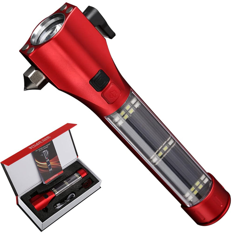 SINSEN Emergency Flashlight for Car, Seatbelt Cutter Window Breaker, 16-in-1 Multifunctional Safety Tool—Glass Hammer/Bright Solar Torch/Rechargeable/Rescue Alarm & Beacon/Repair Magnet Red 7.8in