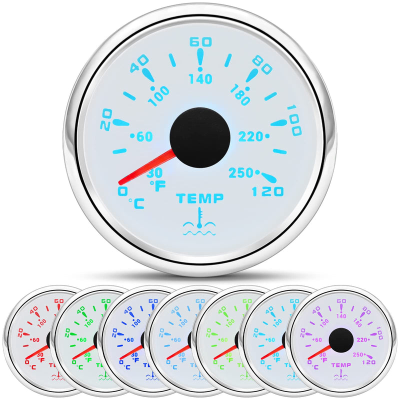 ARTILAURA 7 Color Water Temp Gauge 2-1/16" 52mm Water Temperature Gauge 30-250℉ / 40-120℃ for Car Auto Boat Marine White Water Temp F