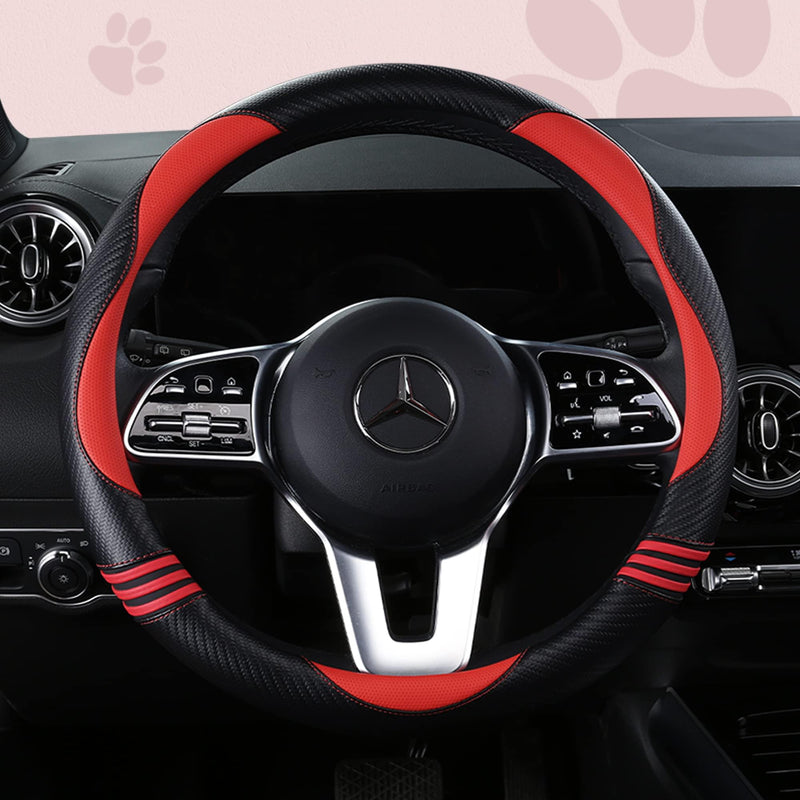 Car Steering Wheel Covers for Women Padded Carbon Fiber PU Leather Cute Auto Interior Accessories for Vehicle, Sedan, Universal, Anti Slip, Red, Standard Size 14.5-15"(37-38cm) Red+Black Standard Size[14"1/2-15"](37-38cm)