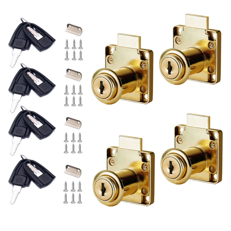 Cabinet Drawer Locks with Keys- XIEHE 138 Zinc Alloy Replacement Door Locker Keyed Alike 4 Pack Cylinder Diameter 0.75 Inch Gold Brass Plated Brass2 4 Packs, 22mm
