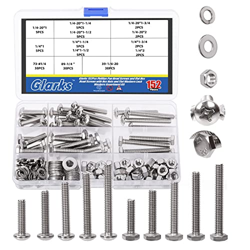 Glarks 152Pcs 1/4"-20 Phillips Pan Head Screws & 1/4" Outer Hexagon Screws with Hex Nuts and Flat Washers Lock Washers Assortment Kit, 304 Stainless Steel Hardware Machine Screws Assortment Set 1/4"