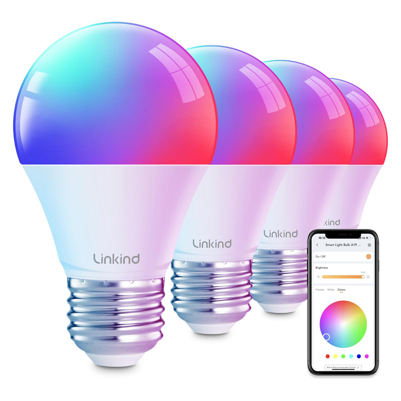 Linkind Smart Light Bulbs, Smart Bulb that Work with Alexa, Google Home, AiDot, LED Light Bulbs Color Changing RGBTW, 104 Preset Scene, Music Sync, Dotis, A19 E26 2.4G WiFi Bluetooth 60W 800LM, 4Pack 4 Count(Pack of 1)