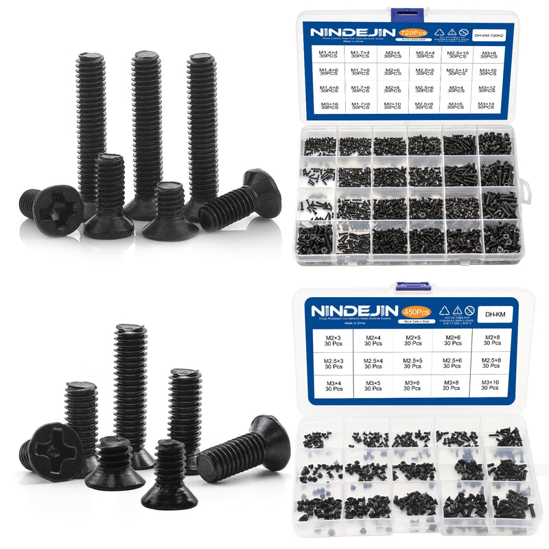 NINDEJIN Laptop Notebook Computer Screws, Flat Head Phillips Screws Assortment Kit (M1.4 M1.7 M2 M2.5 M3) + (M2 M2.5 M3)