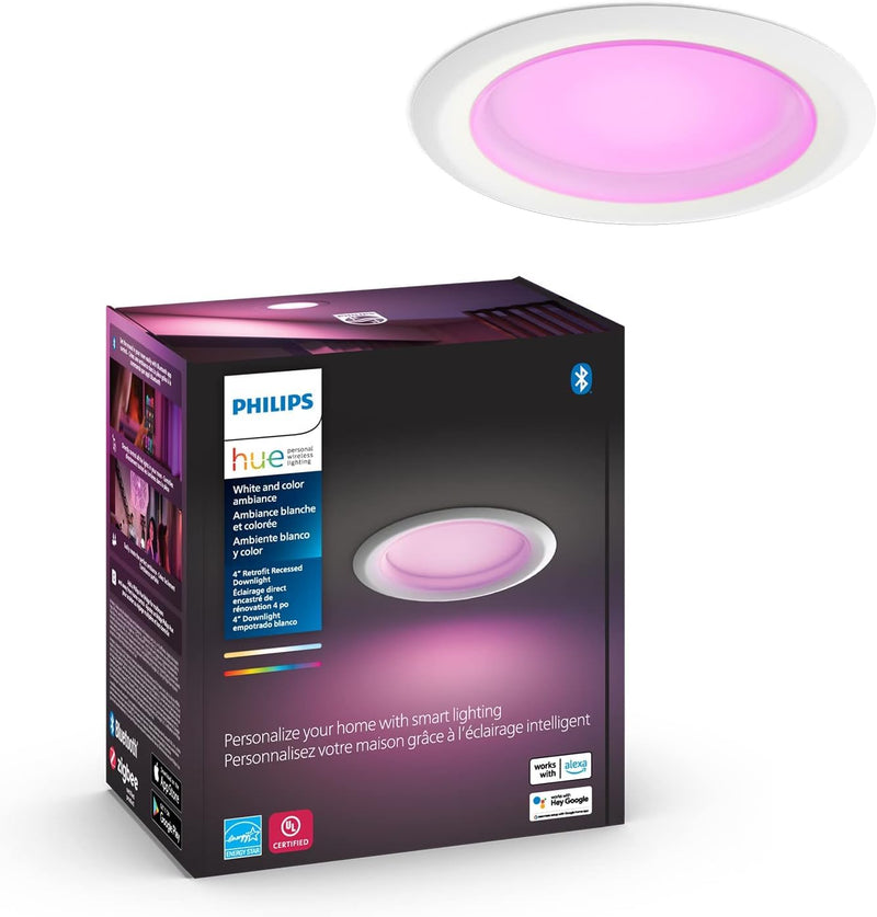 Philips Hue Smart Retrofit Recessed Lighting 4 inch - White and Color Ambiance Color-Changing Light - 850 Lumen - Control with Hue App - Compatible with Alexa, Google Assistant, Apple Homekit - 1 Pack