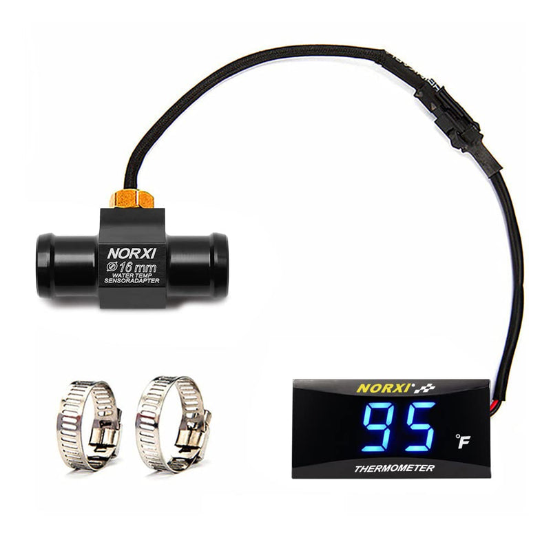Motorcycle Water Temp Gauge Fahrenheit Display 32~248F Over-Temperature Alert, Universal Digital Temperature Meter with Temp Sensor Adapter for Most Car Marine Motorcycle Digital Meter(Blue,16mm) Blue 16mm