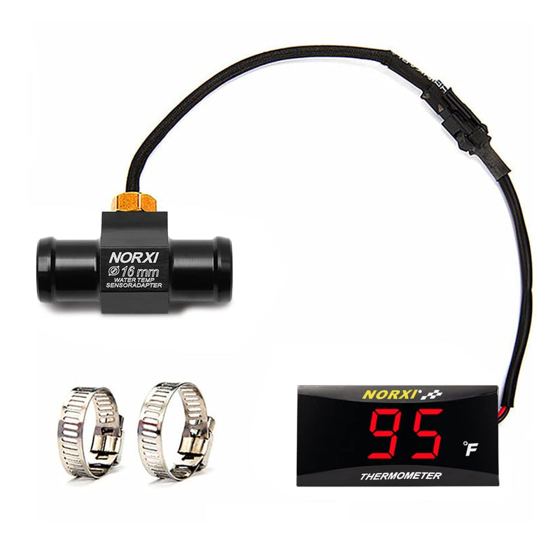 Motorcycle Water Temp Gauge Fahrenheit Display 32~248F Over-Temperature Alert, Universal Digital Temperature Meter with Temp Sensor Adapter for Most Car Marine Motorcycle Digital Meter(Red,16mm) Red 16mm