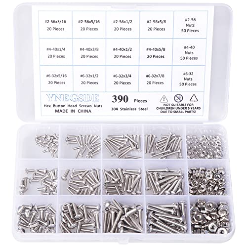 Machine Screw Assortment Kit #2-56/ #4-40/ #6-32 UNC Button Head Cap Screws Bolts Nuts 304 Stainless Steel Nuts and Bolts Assortment Kit, Full Thread, Allen Hex Drive, 390 Piece